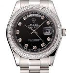 Swiss Rolex Day-Date Black Dial Diamond Case Diamond Numerals Stainless Steel Bracelet 1453965