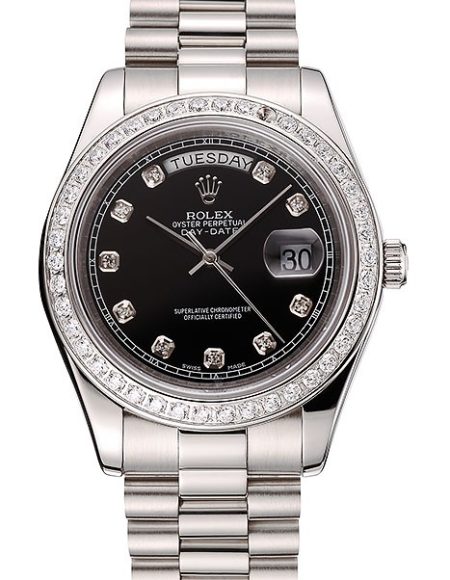Swiss Rolex Day-Date Black Dial Diamond Case Diamond Numerals Stainless Steel Bracelet 1453965