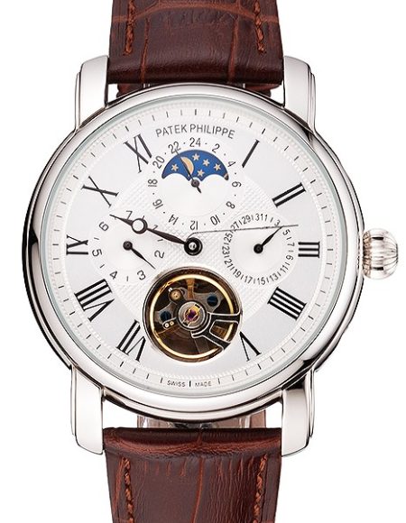 Patek Philippe Grand Complications Moonphase Perpetual Calendar Tourbillon White Dial Stainless Steel Case Brown Leather Strap