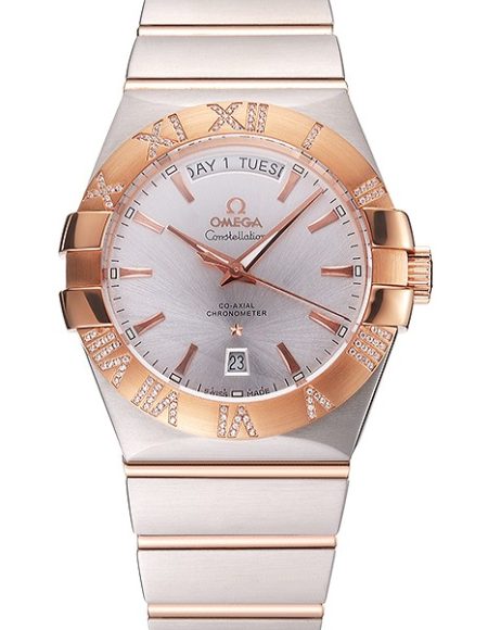 Swiss Omega Constellation White Dial Stainless Steel Case Rose Gold Bezel Two Tone Bracelet