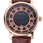Cartier Rotonde Date Black Dial Rose Gold Case Brown Leather Strap