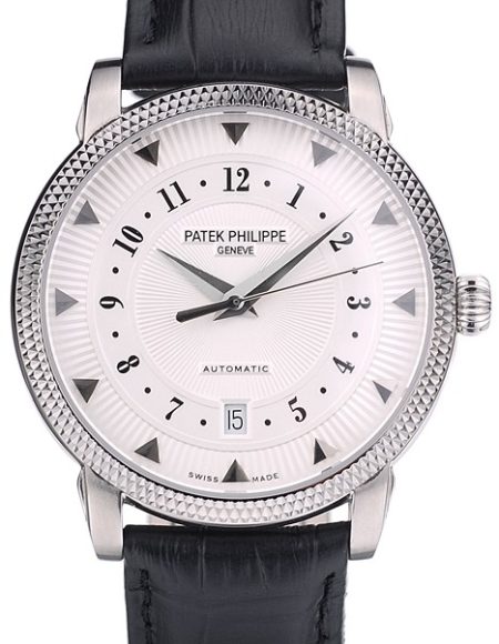 Patek Philippe Swiss Calatrava Ribbed Bezel White Dial Black Leather Strap 7657