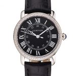 Cartier Ronde Black Dial Diamond Bezel Stainless Steel Case Black Leather Strap