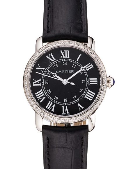 Cartier Ronde Black Dial Diamond Bezel Stainless Steel Case Black Leather Strap