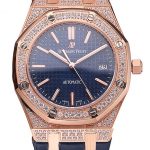 Swiss Audemars Piguet Royal Oak Blue Dial Gold Case With Diamonds Blue Leather Strap