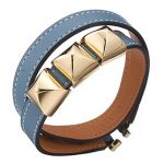 Hermes Replica Gold Pyramid Stud Accent Slim Blue Double Wrap Leather Bracelet