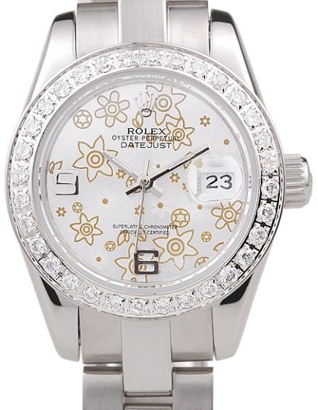 Rolex Datejust Polished Stainless Steel Silver Flowers Dial Diamond Plated 98082