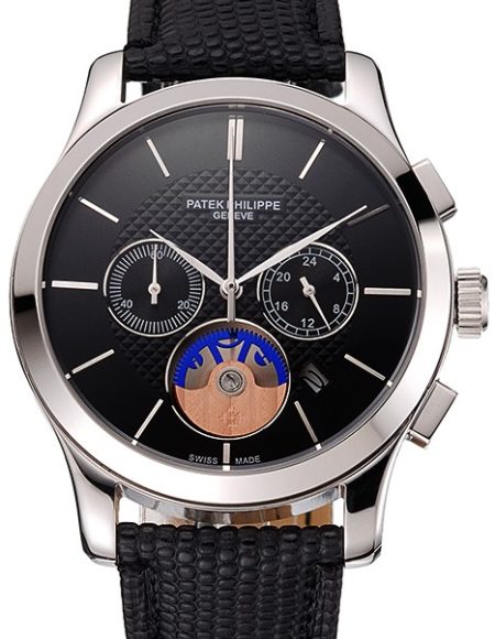 Patek Philippe Chronograph Black Dial Stainless Steel Case Black Leather Strap