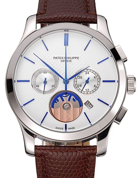 Patek Philippe Chronograph White Dial Blue Hands Stainless Steel Case Brown Leather Strap