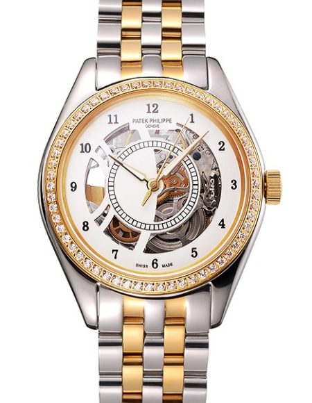 Swiss Patek Philippe Calatrava Openworked Stainless Steel Case Gold Bezel Two Tone Bracelet