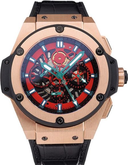 Swiss Hublot Big Bang Limited Edition Black And Red Dial Gold Case Black Leather Strap  62289