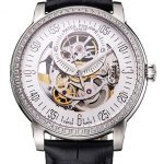Swiss Patek Philippe Complications Openworked Dial Diamond Bezel Stainless Steel Case Black Leather Strap