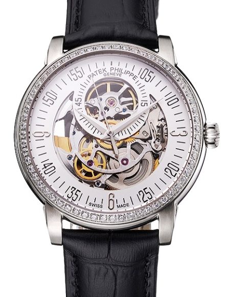 Swiss Patek Philippe Complications Openworked Dial Diamond Bezel Stainless Steel Case Black Leather Strap