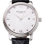 Patek Philippe Calatrava Date White Embossed Dial Stainless Steel Case Black Leather Strap