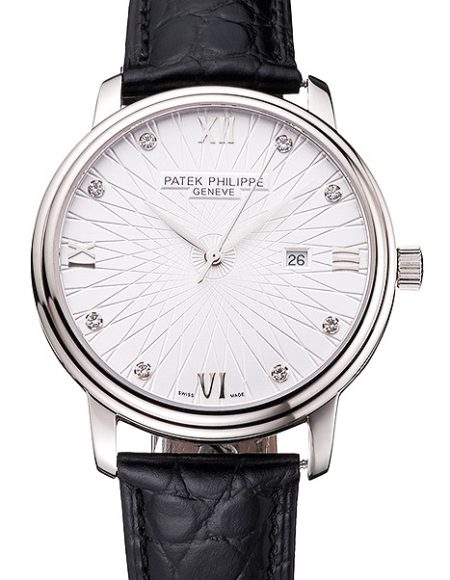 Patek Philippe Calatrava Date White Embossed Dial Stainless Steel Case Black Leather Strap
