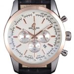 Breitling Transocean White Dial Black Leather Strap Rose Gold Bezel 98205