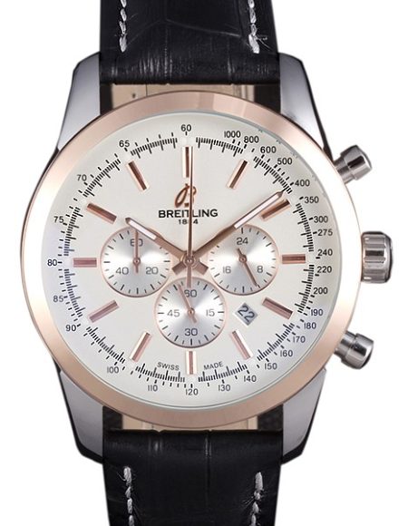 Breitling Transocean White Dial Black Leather Strap Rose Gold Bezel 98205