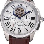 Cartier Calibre Tourbillon White Dial Stainless Steel Case Brown Leather Strap  622750