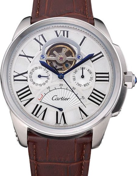 Cartier Calibre Tourbillon White Dial Stainless Steel Case Brown Leather Strap  622750