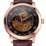 Swiss Patek Philippe Complications Openworked Dial Rose Gold Case Brown Leather Strap