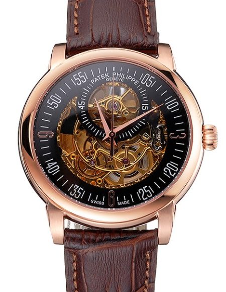 Swiss Patek Philippe Complications Openworked Dial Rose Gold Case Brown Leather Strap
