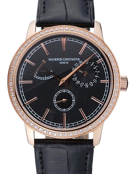 Vacheron Constantin Patrimony Power Reserve Black Dial Gold Diamond Case Black Leather Bracelet  1454269