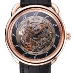 Swiss Hermes Arceau Skeleton Black Dial Brown Hands Rose Gold Case Black Leather Strap