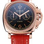 Panerai Radiomir 8 Days Chronograph Black Dial Diamond Bezel Rose Gold Case Red Leather Strap 1453797