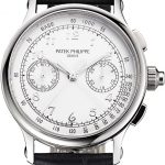 Swiss Patek Philippe Split Seconds Chronograph White Dial Silver Numerals Stainless Steel Case Black Leather Strap