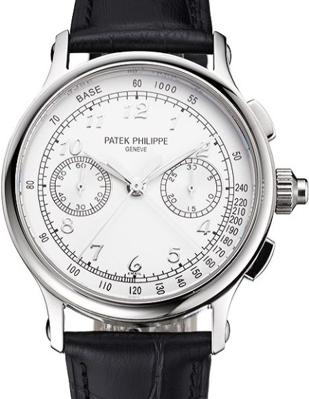 Swiss Patek Philippe Split Seconds Chronograph White Dial Silver Numerals Stainless Steel Case Black Leather Strap