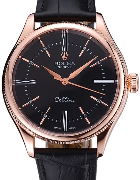 Rolex Cellini Black Dial Pink Gold Case Black Leather Strap  622842