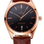 Omega Tresor Master Co-Axial Black Dial Rose Gold Case Brown Leather Strap