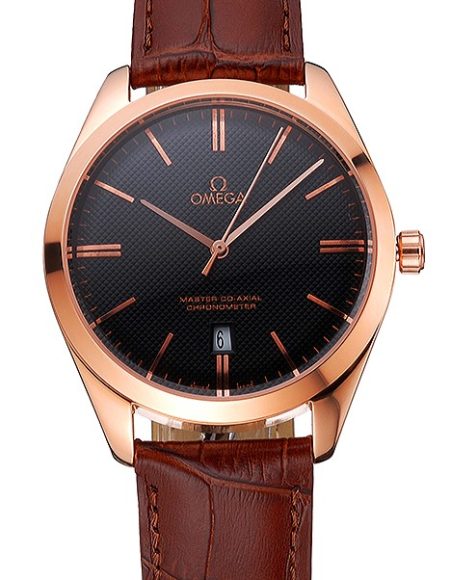 Omega Tresor Master Co-Axial Black Dial Rose Gold Case Brown Leather Strap