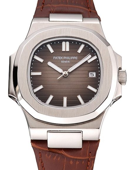 Patek Philippe Nautilus Brown Dial Brushed Stainless Steel Case Brown Leather Strap