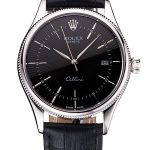 Swiss Rolex Cellini Date Black Dial Stainless Steel Case Black Leather Strap