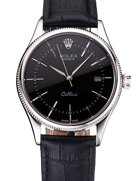 Swiss Rolex Cellini Date Black Dial Stainless Steel Case Black Leather Strap
