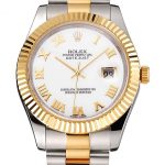 Swiss Rolex Datejust White Dial Roman Numerals Gold Bezel Stainless Steel Case Two Tone Bracelet