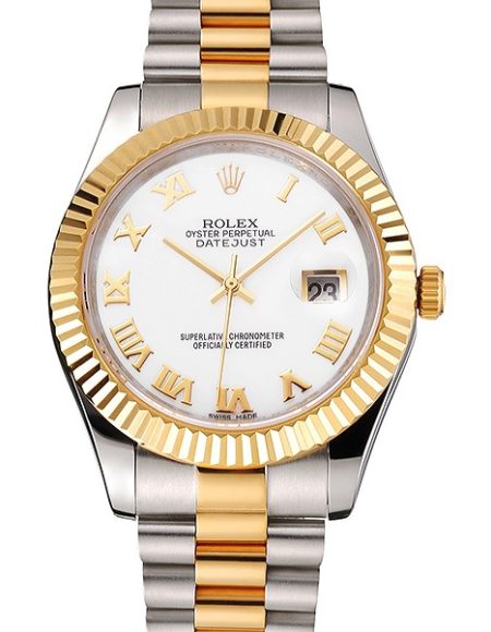 Swiss Rolex Datejust White Dial Roman Numerals Gold Bezel Stainless Steel Case Two Tone Bracelet