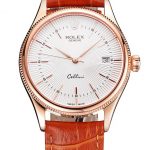 Swiss Rolex Cellini Date White Dial Rose Gold Case Brown Leather Strap