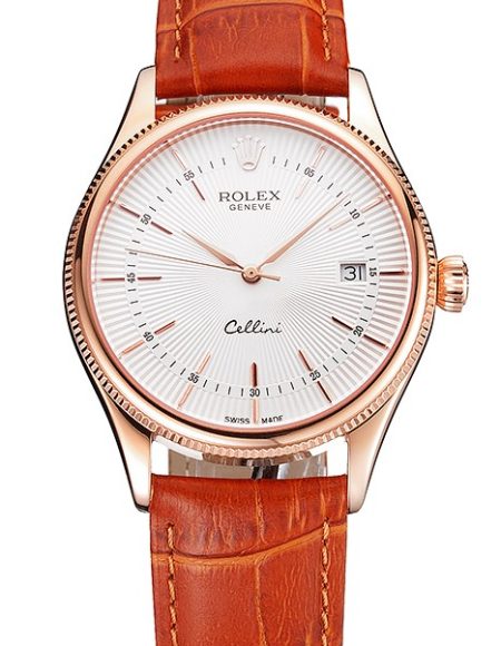 Swiss Rolex Cellini Date White Dial Rose Gold Case Brown Leather Strap