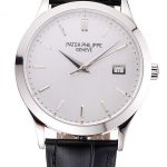 Swiss Patek Philippe Calatrava Silver Dial Stainless Steel Case Black Leather Strap