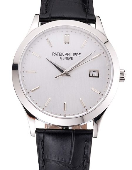 Swiss Patek Philippe Calatrava Silver Dial Stainless Steel Case Black Leather Strap