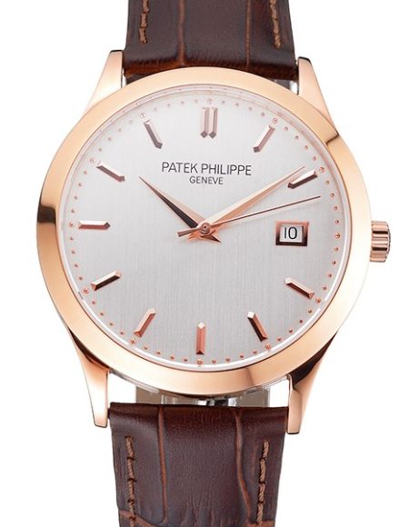Swiss Patek Philippe Calatrava White Dial Rose Gold Case Brown Leather Strap