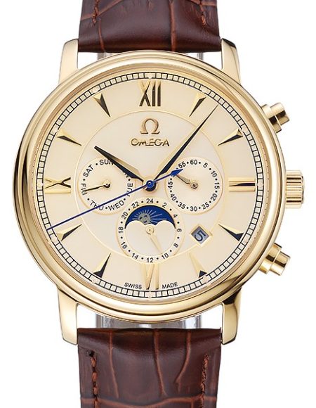 Omega De Ville Moonphase Gold Dial And Case Brown Leather Bracelet  1454228