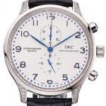 IWC Portugieser Chronograph White Dial Blue Hands And Numerals Steel Case With Diamonds Black Leather Strap