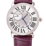 Cartier Ronde Louis Silver Diamond Case White Dial Purple Leather Bracelet 1454009