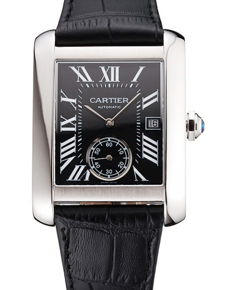 Swiss Cartier Tank MC Black Dial Stainless Steel Case Black Leather Strap