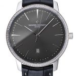 Swiss Vacheron Constantin Patrimony Grey Dial Silver Diamonds Case Black Leather Bracelet 1454163
