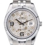 Rolex Swiss DateJust Stainless Steel Ribbed Bezel Flower Silver Dial 42001