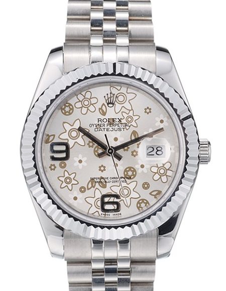 Rolex Swiss DateJust Stainless Steel Ribbed Bezel Flower Silver Dial 42001